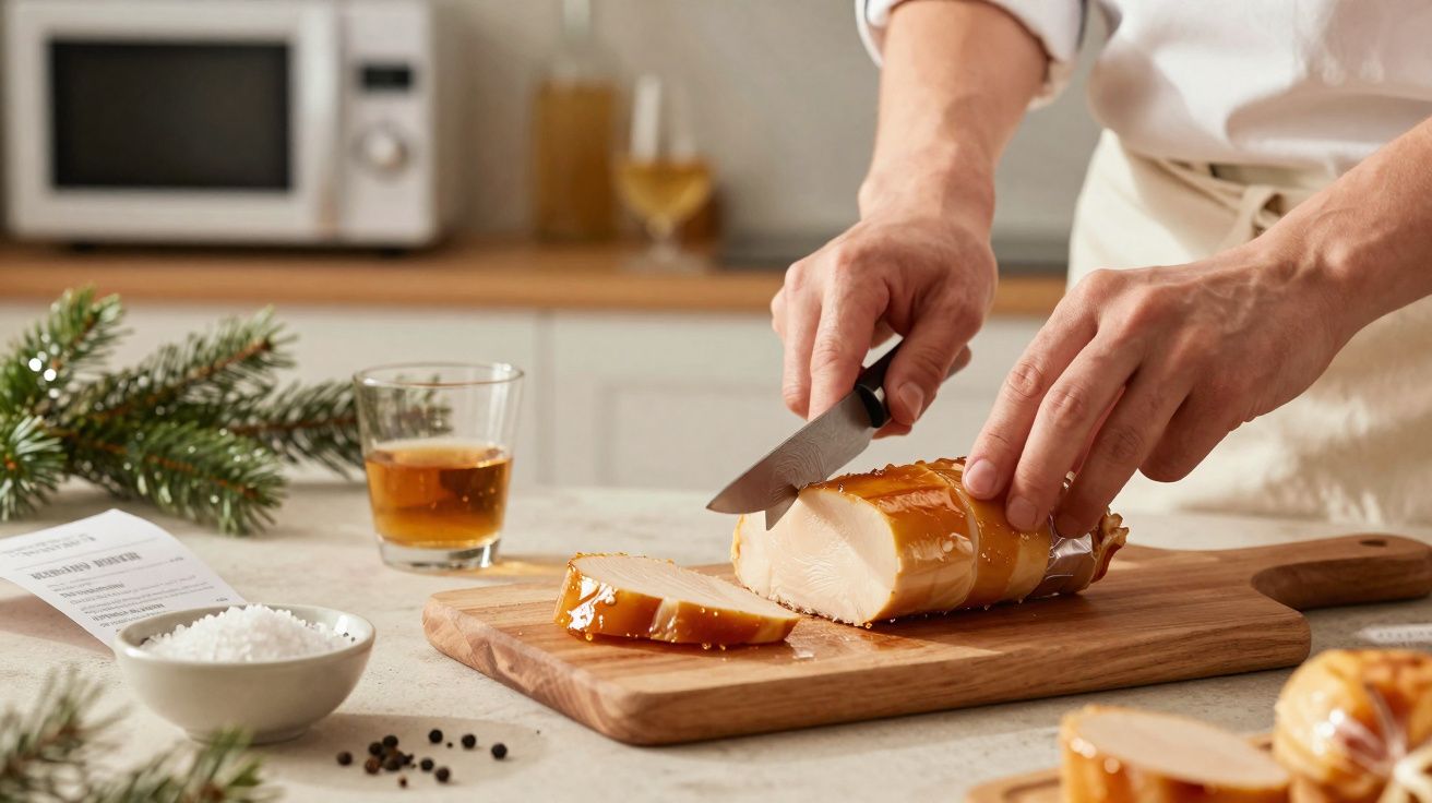 Personne tranchant une poitrine de poulet fumée sur une planche en bois dans une cuisine.