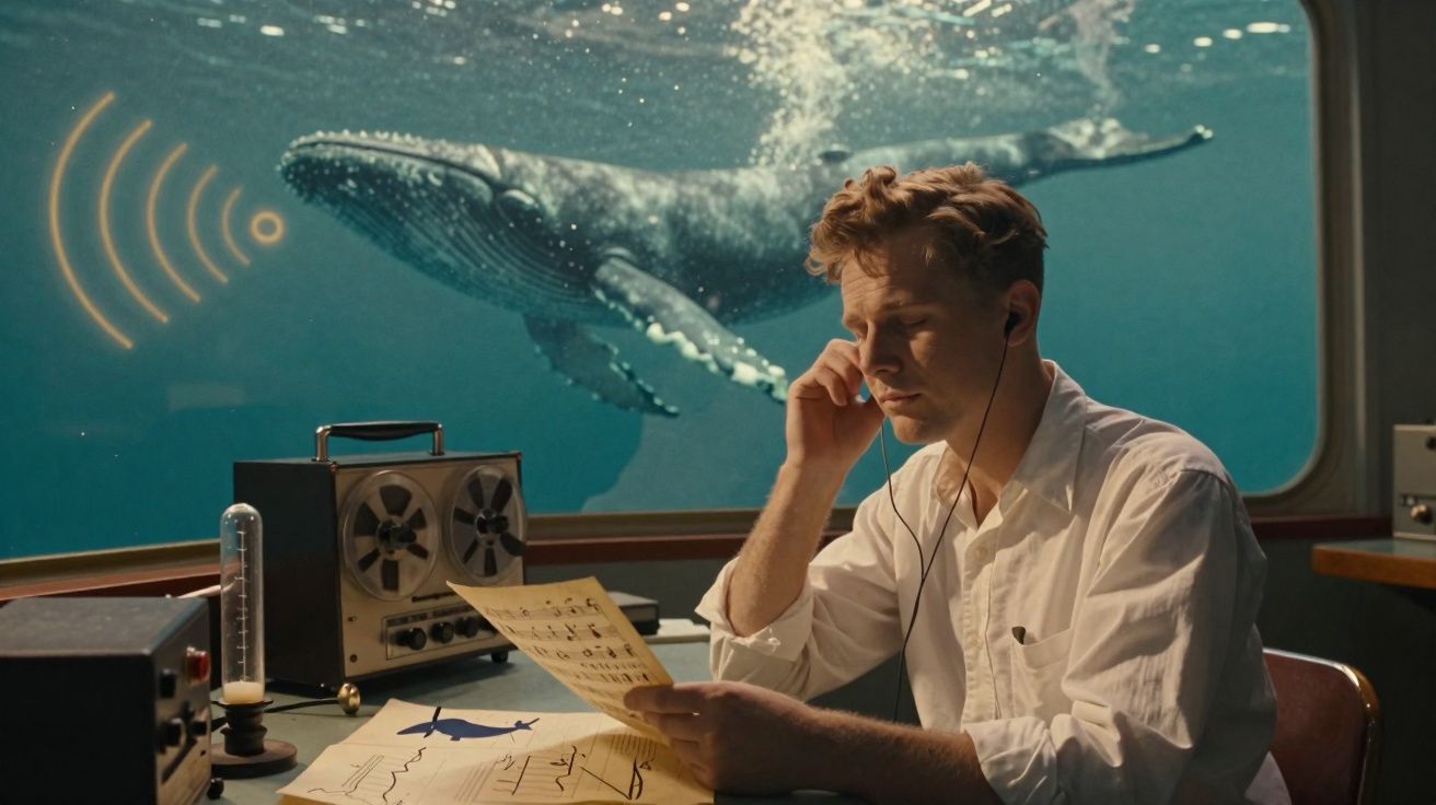 Un homme écoute avec des écouteurs des sons de baleine dans un sous-marin avec une baleine en arrière-plan.