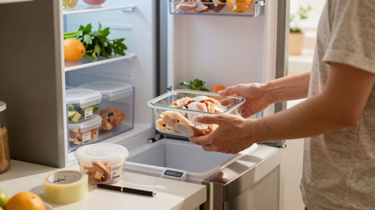 Personne rangeant des tranches de viande dans une boîte en verre dans un réfrigérateur moderne ouvert.