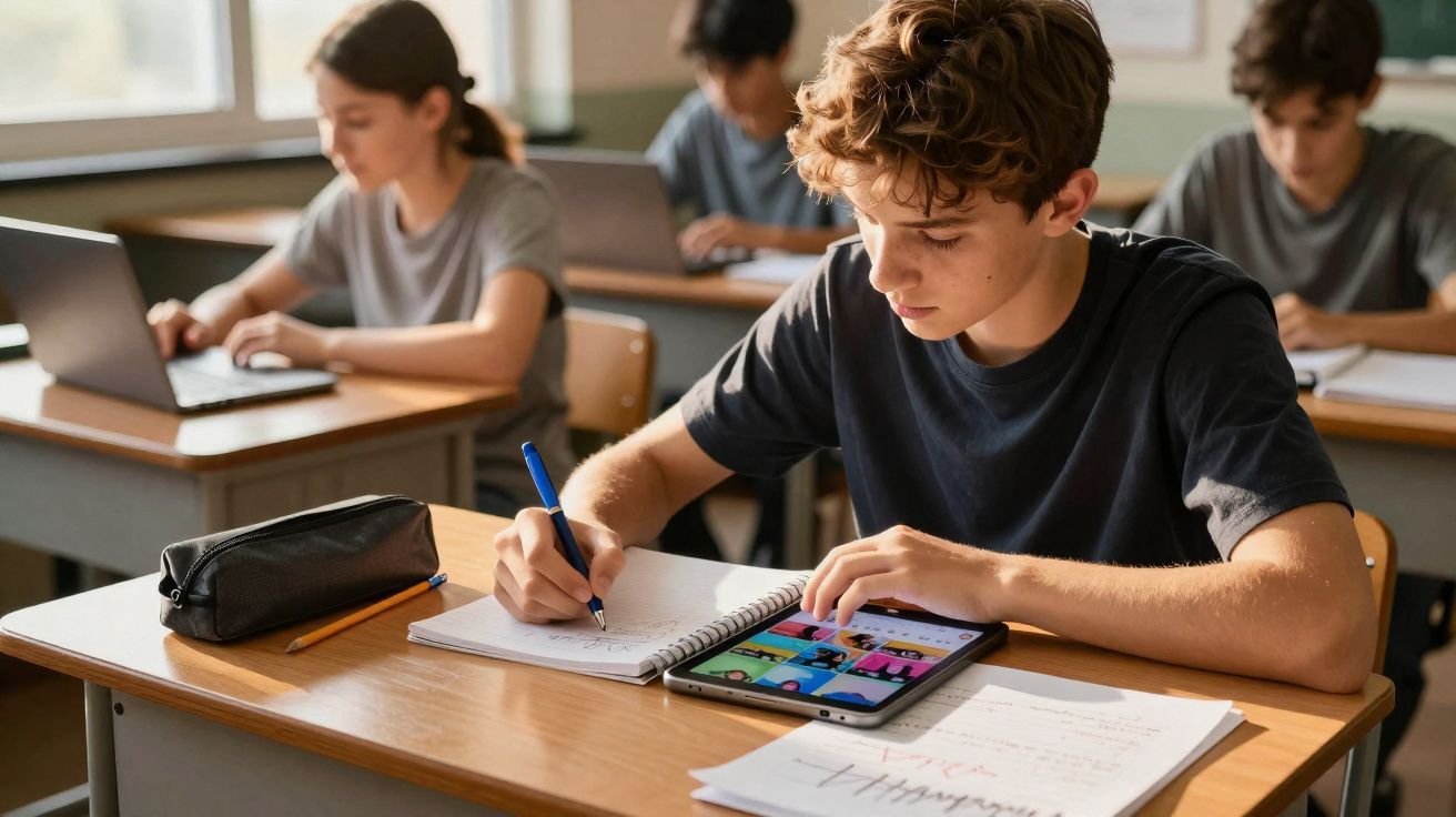 Un élève utilise une tablette et prend des notes dans un cahier en classe, avec d'autres élèves en arrière-plan.