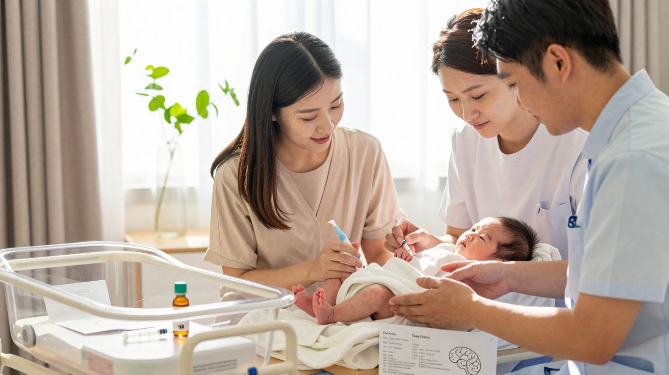 Trois adultes souriants examinent un bébé allongé sur une table dans une pièce lumineuse.