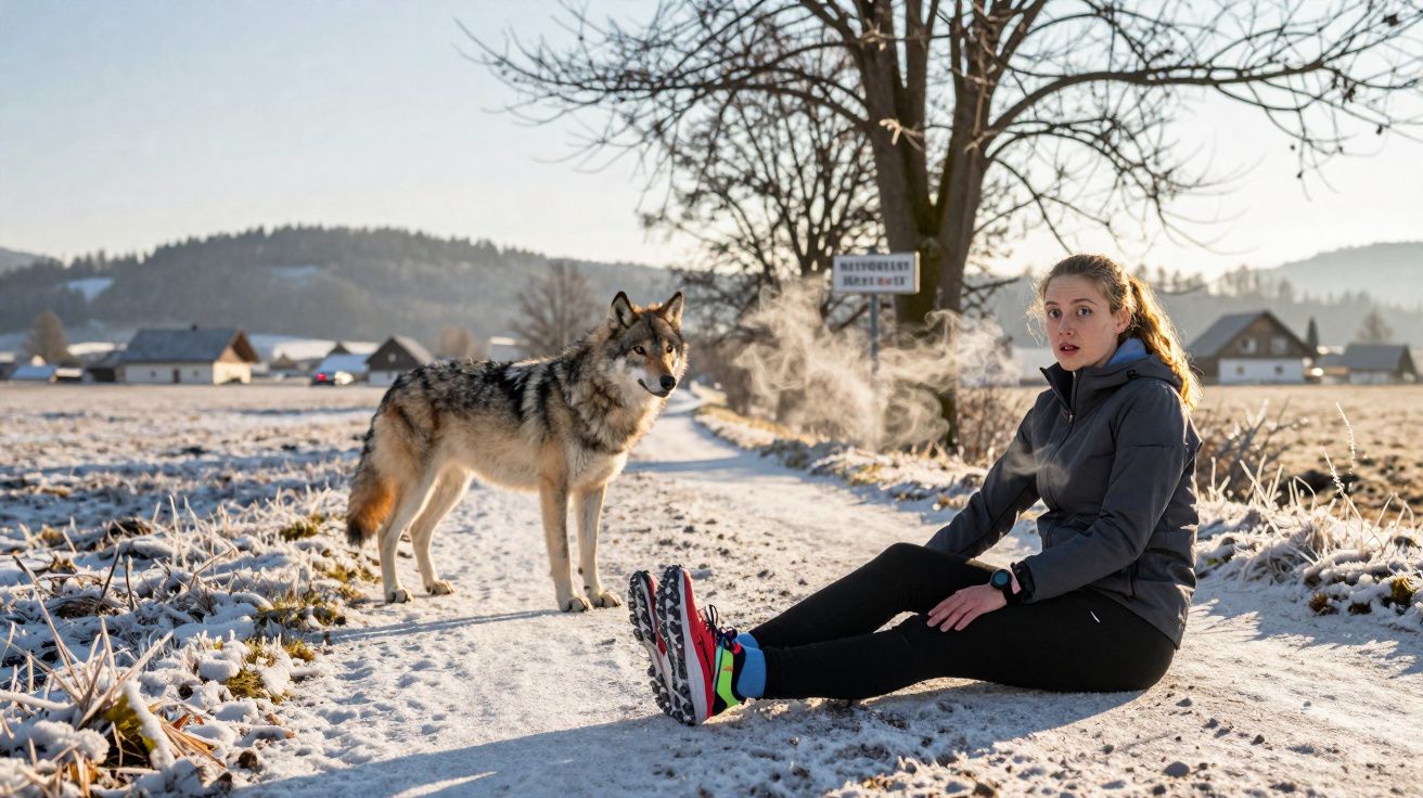 Une femme en tenue de sport assise sur un chemin enneigé face à un grand loup dans un paysage rural.