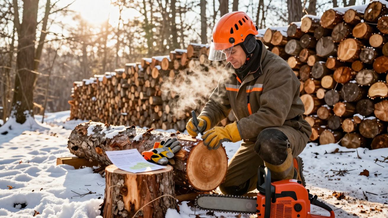 Bûcheron en tenue de sécurité marquant un tronc d’arbre dans une forêt enneigée avec une tronçonneuse.