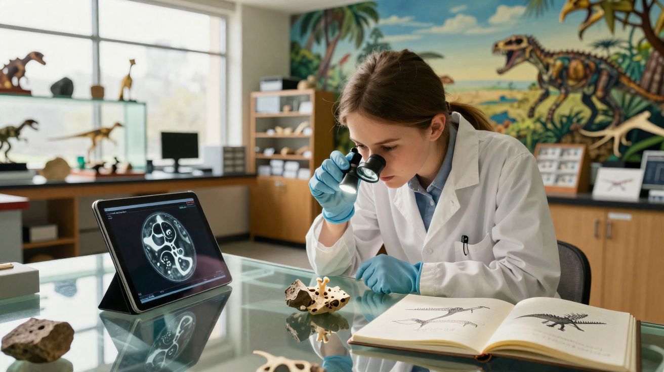 Scientifique en blouse blanche examine fossile avec loupe dans un laboratoire sur fond de décor de dinosaures.