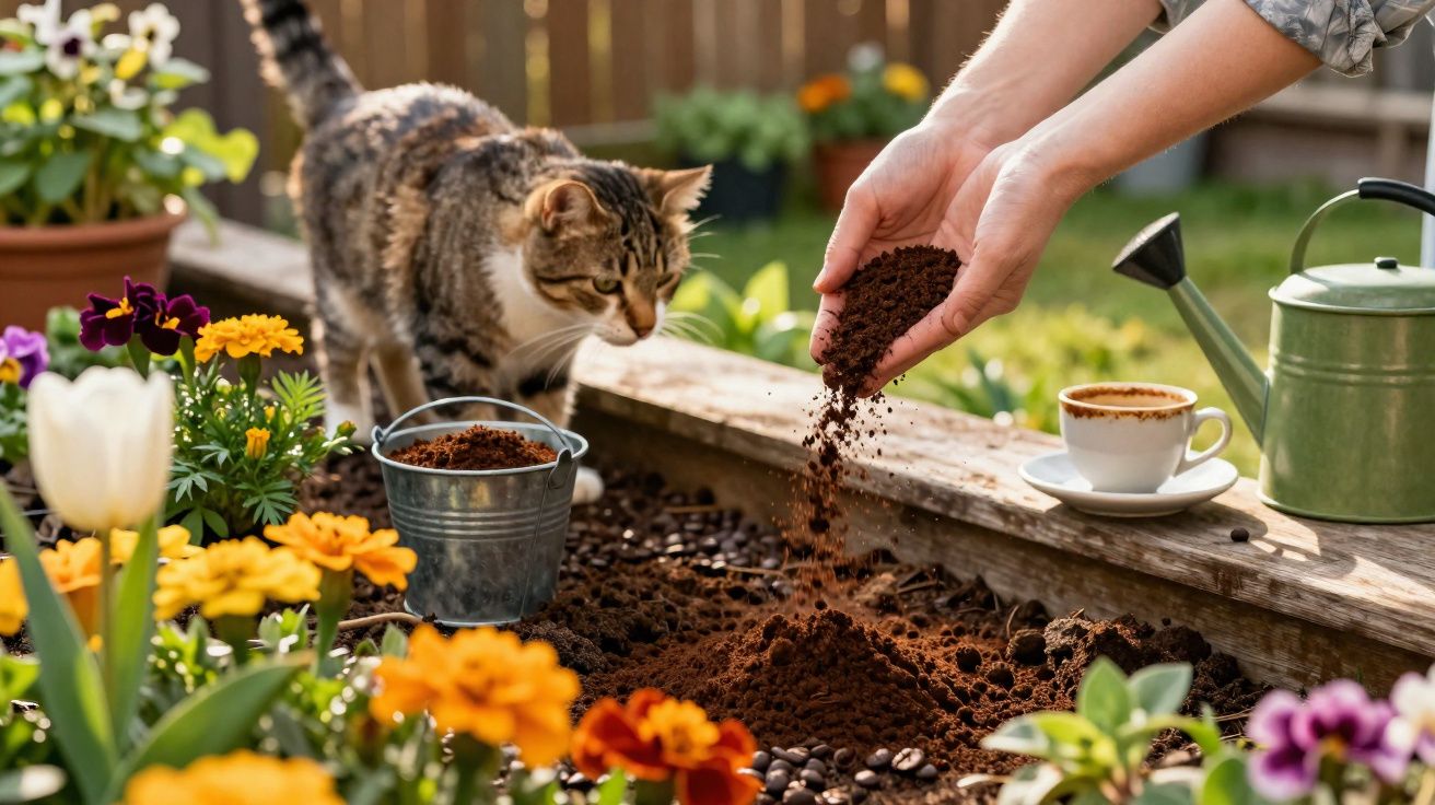 Chat curieux observant une main verser du marc de café dans un jardin coloré en plein air.