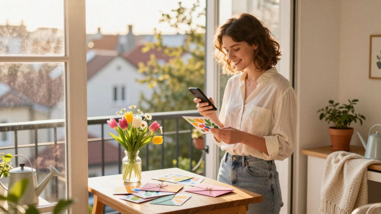 Jeune femme dans une cuisine lumineuse prenant en photo une carte colorée près d’un vase de fleurs printanières.