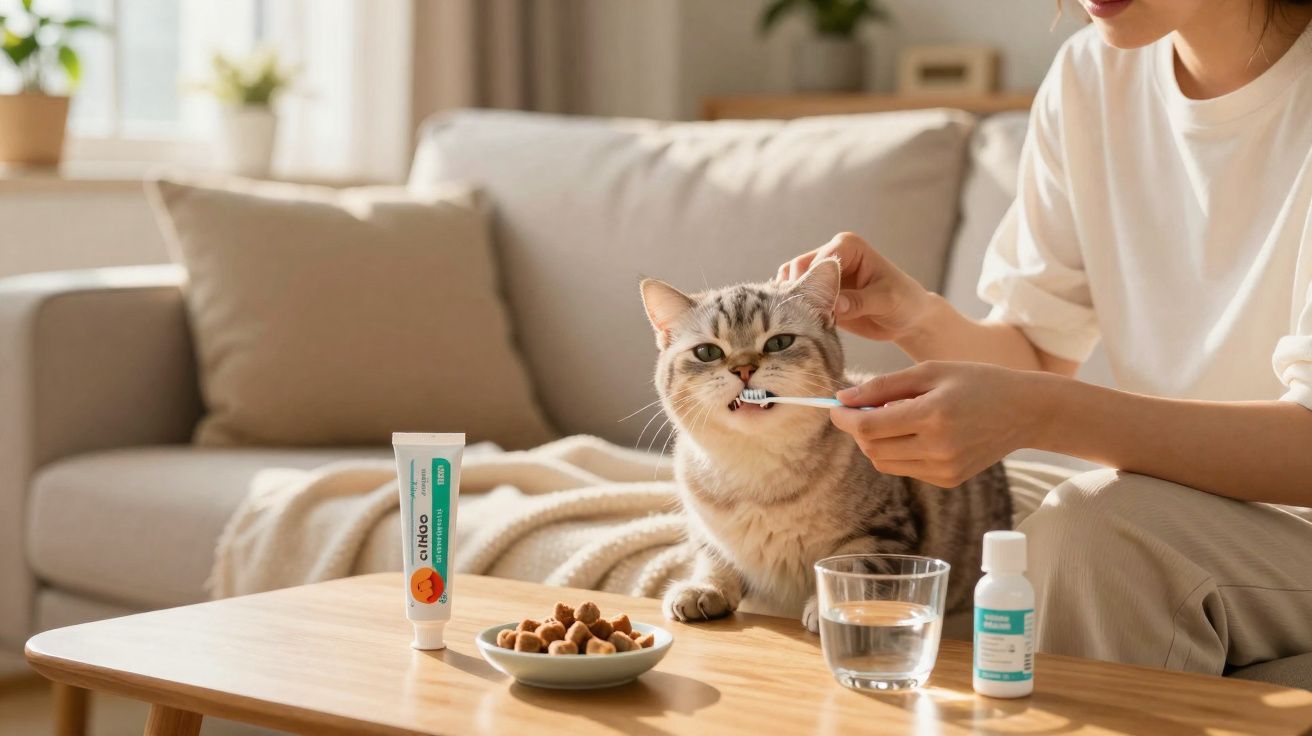 Personne brosse les dents d'un chat assis sur une table avec nourriture et médicaments pour animaux.