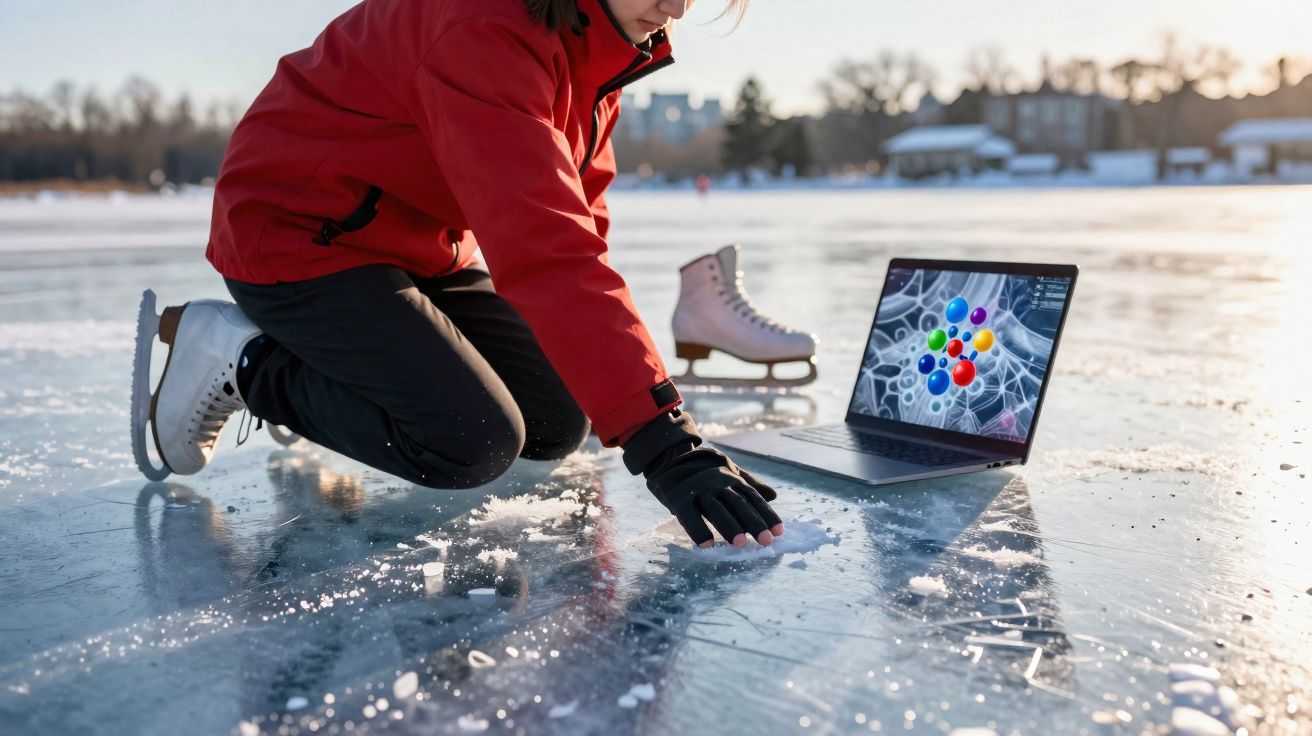 Personne en veste rouge à genoux sur glace avec patins et ordinateur portable ouvert posé au sol.