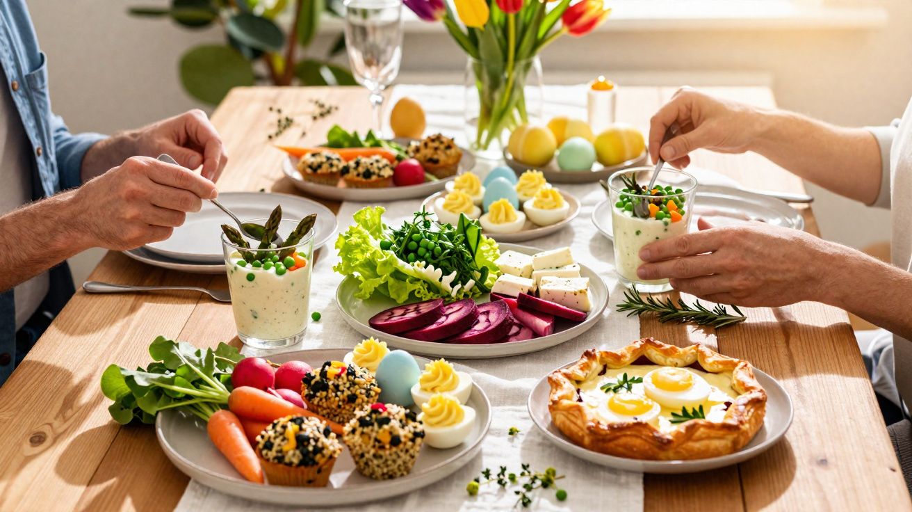 Deux personnes partagent un repas sain avec légumes, œufs, muffins et œufs colorés sur une table en bois.