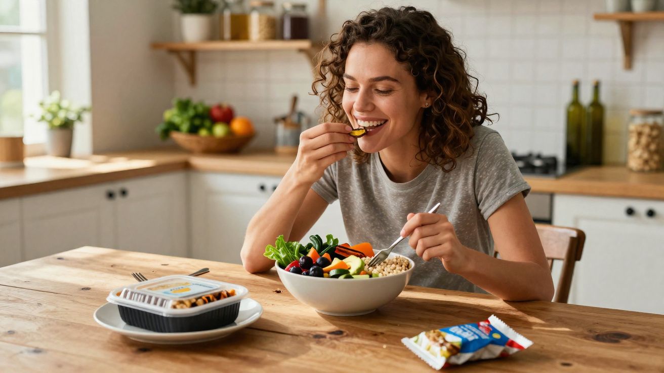 Jeune femme souriante dégustant une salade saine à la maison, assise à une table en bois avec une collation.