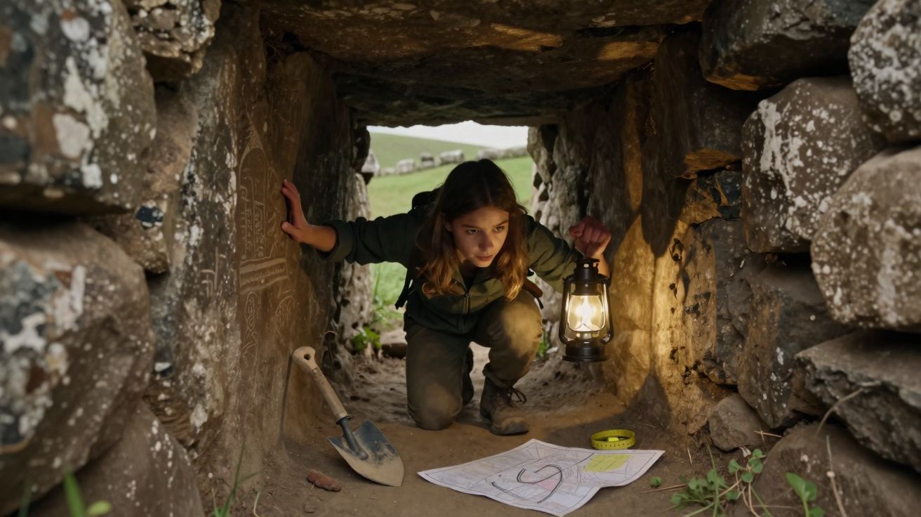 Jeune femme explorant un passage souterrain en pierre avec une lanterne et une carte au sol.