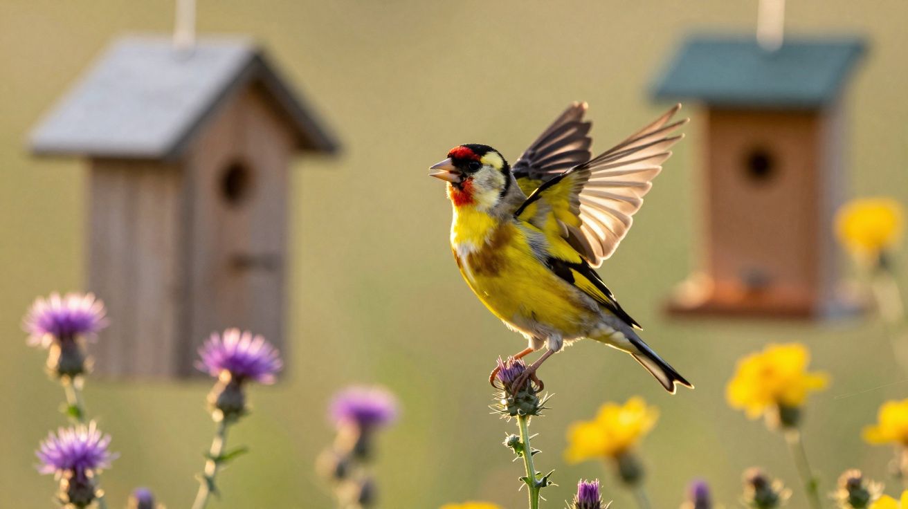 Chardonneret élégant perché sur une fleur avec des nichoirs en arrière-plan flouté.