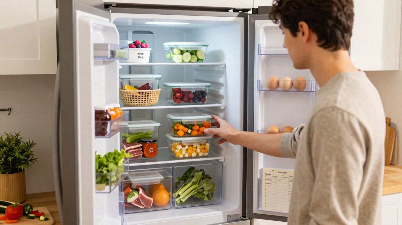 Homme prenant un récipient de légumes coupés dans un réfrigérateur bien organisé avec fruits et œufs visibles.