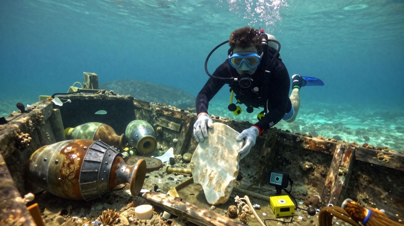 Plongeur explore une épave sous-marine remplie d'artefacts anciens et de poteries décorées.