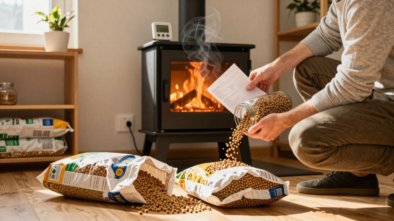 Personne remplissant un bocal avec des granulés de combustible près d'un poêle à bois allumé dans un intérieur.