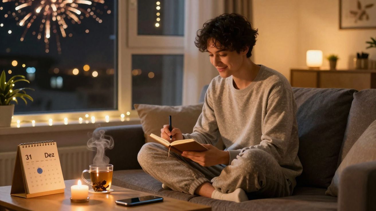 Jeune homme assis sur un canapé écrivant dans un carnet, regardant des feux d'artifice par la fenêtre la nuit.