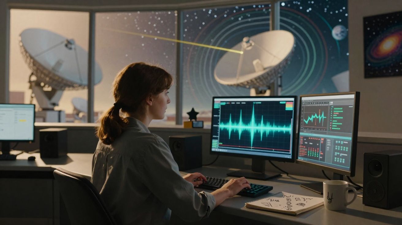 Une femme analyse des données sur deux écrans dans un centre d'observation spatiale avec des antennes parabolique.