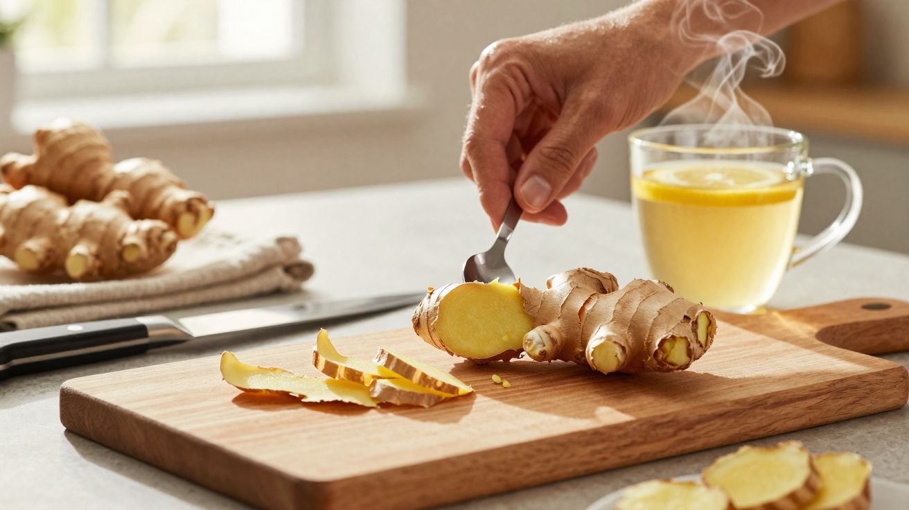 Main retirant la peau du gingembre frais sur une planche en bois, tasse de thé au citron en arrière-plan.
