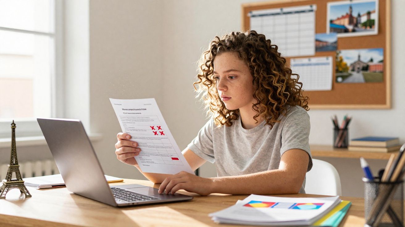Jeune fille concentrée lisant un document avec des croix rouges devant un ordinateur portable sur un bureau.