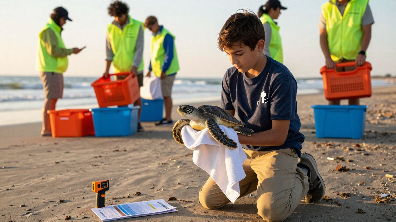 Un enfant tient une tortue marine avec une serviette, tandis que des volontaires en gilets jaunes travaillent sur la plage.