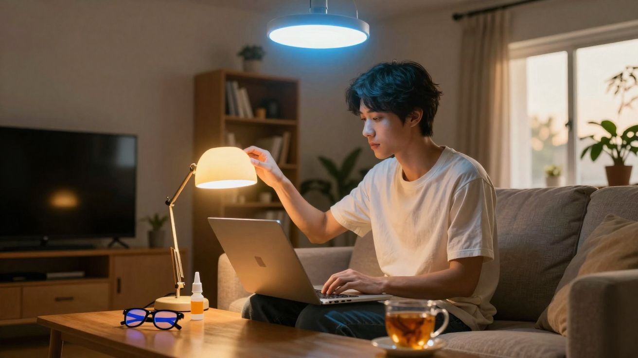 Jeune homme allumant une lampe de bureau en travaillant sur un ordinateur portable dans un salon le soir.