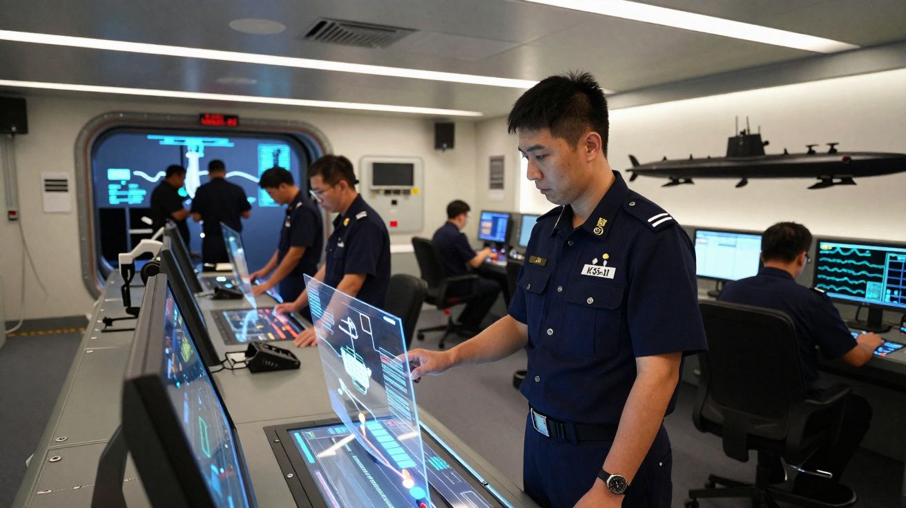 Officiers militaires en uniforme travaillant sur des écrans tactiles dans une salle de commandement high-tech.