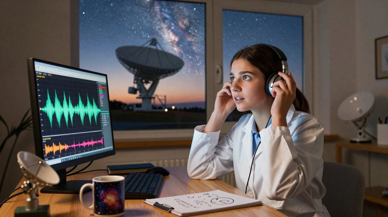 Jeune scientifique en blouse blanche portant un casque, analysant des signaux audio devant un écran avec une antenne satellit