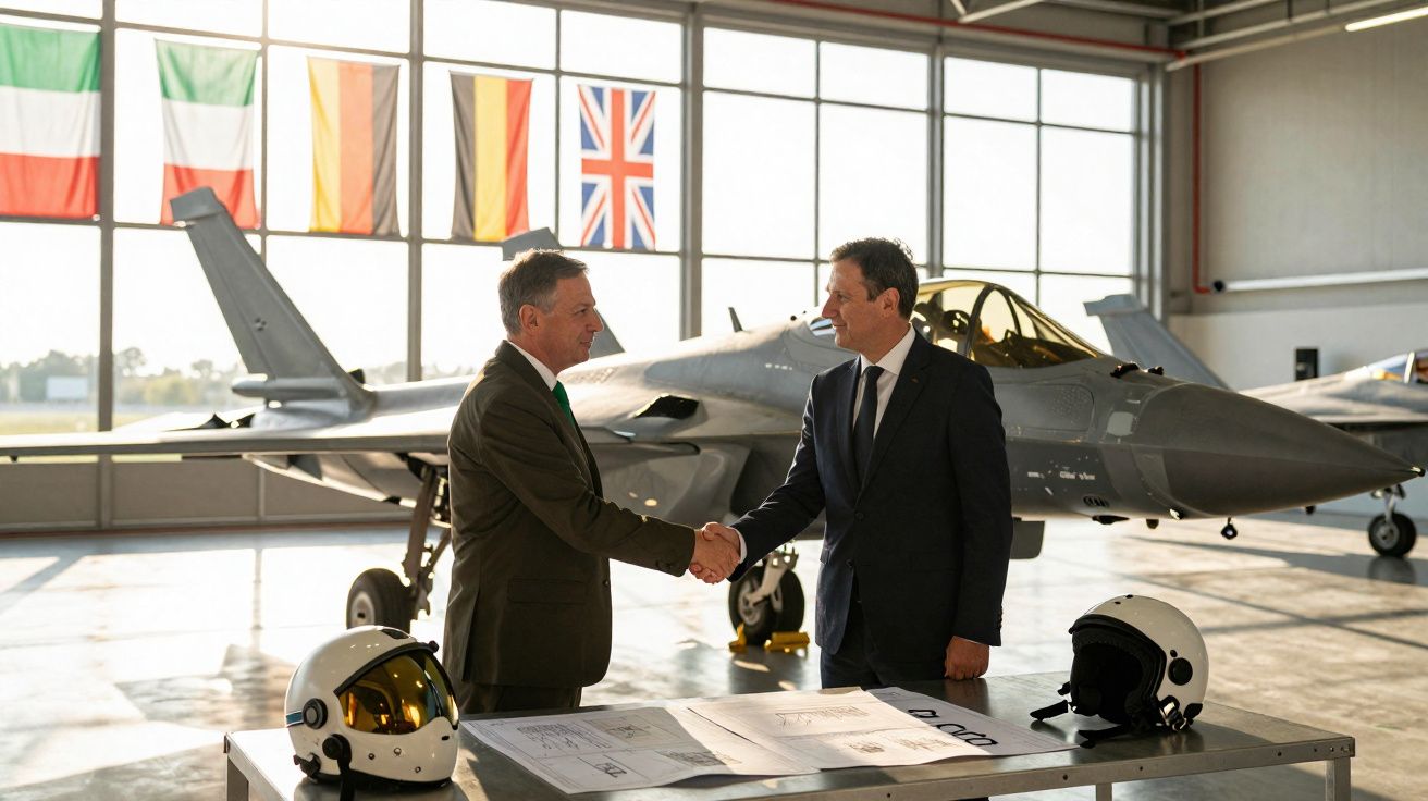 Deux hommes en costume se serrent la main dans un hangar devant un avion de chasse et des casques de pilote.