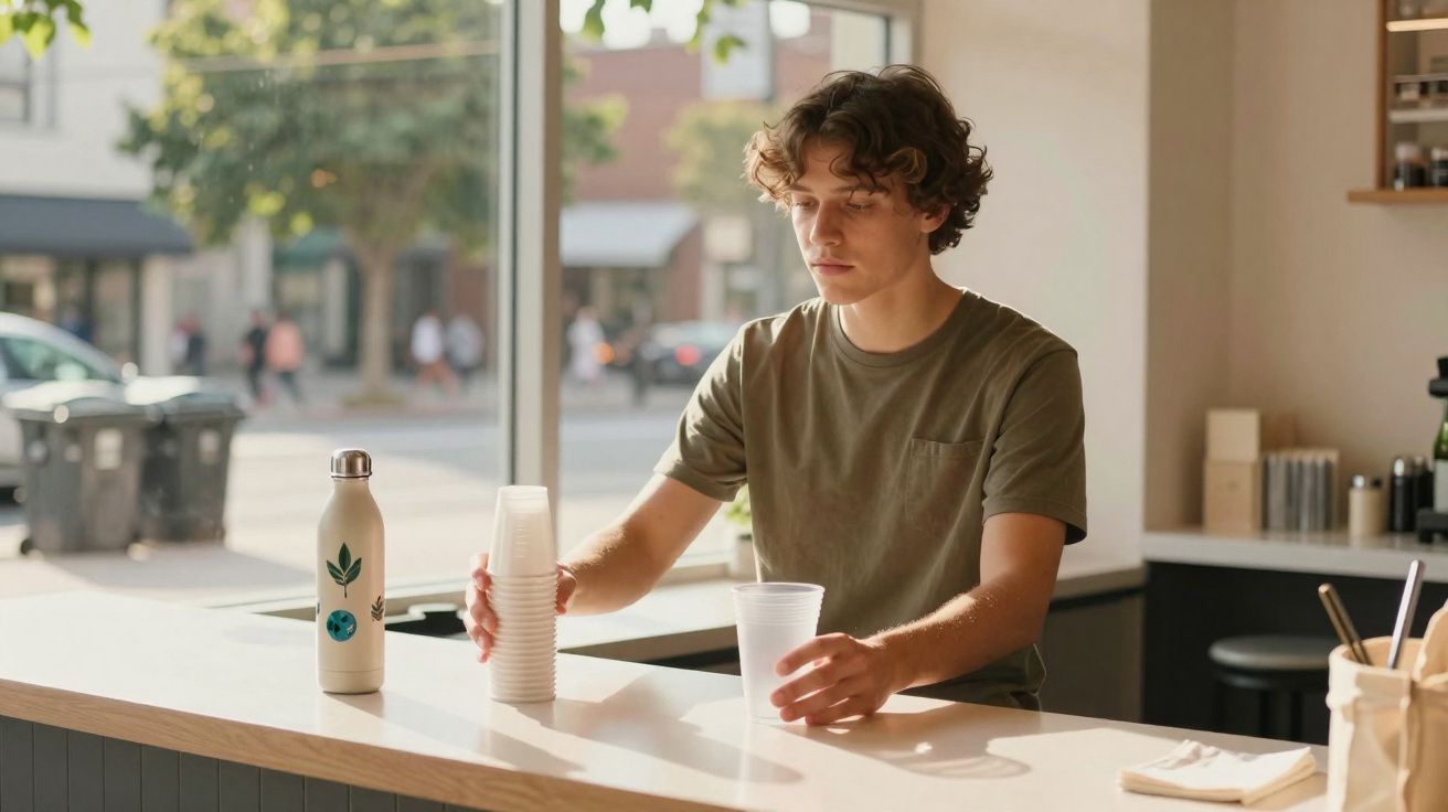 Jeune homme en t-shirt vert clair plaçant des gobelets en plastique sur un comptoir lumineux dans un café.