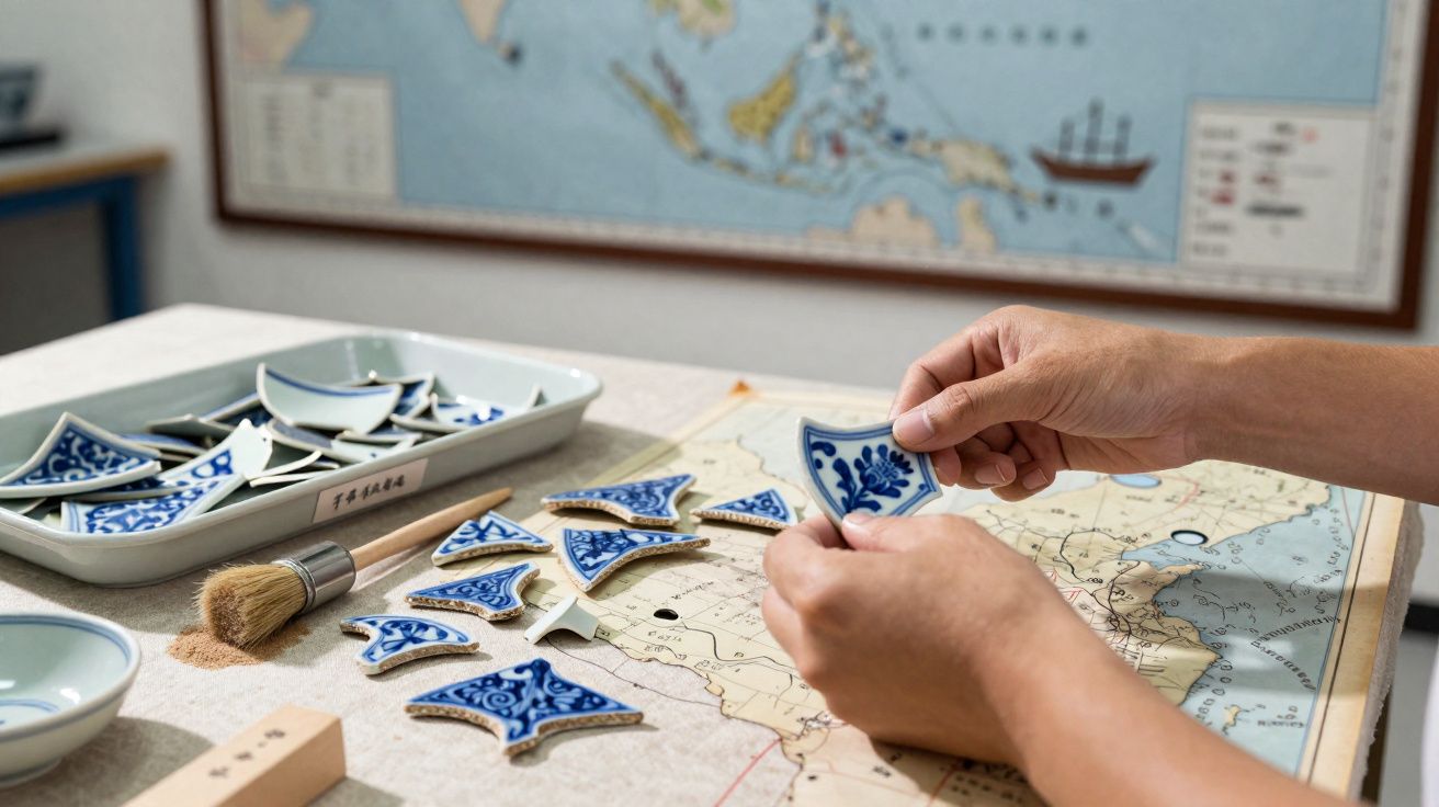 Mains assemblant des morceaux de céramique bleue sur une carte géographique ancienne.