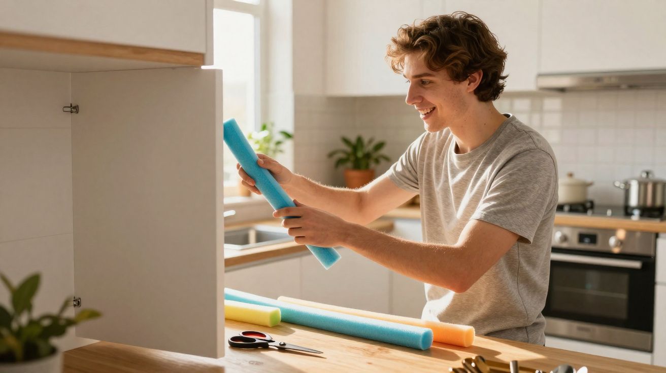 Jeune homme souriant préparant des tubes en mousse colorés dans une cuisine lumineuse.