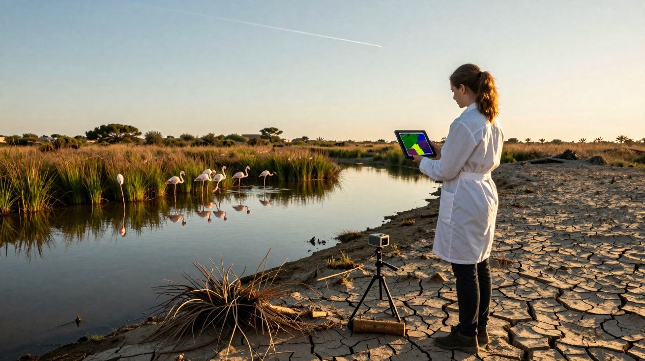 Chercheuse en blouse blanche utilisant une tablette au bord d’un marais avec des flamants roses au coucher du soleil.