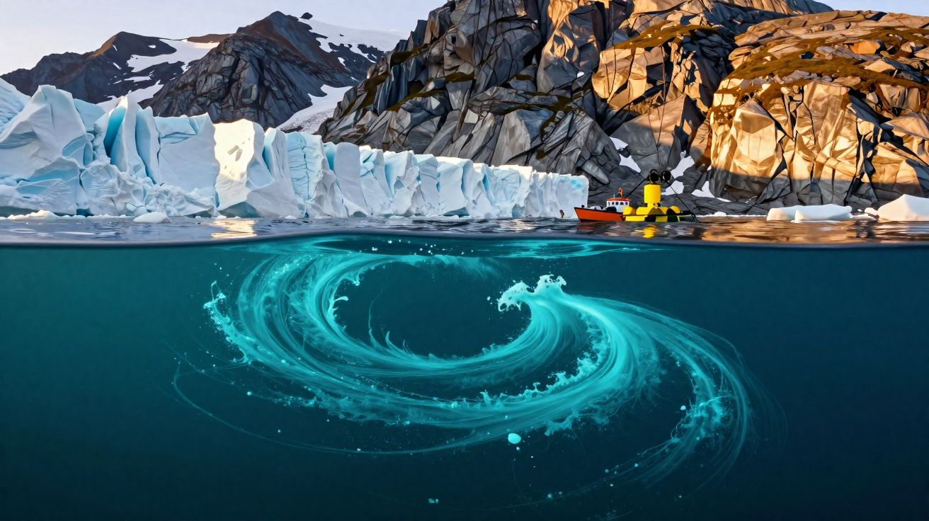 Océan arctique avec glace, montagnes rocheuses, bateau rouge et vortex lumineux sous-marin.
