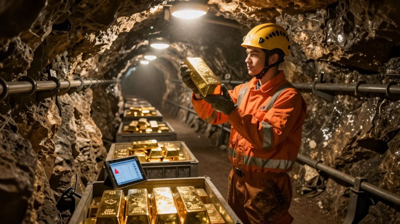 Mineur en tenue de sécurité inspectant une barre d’or dans une galerie souterraine riche en lingots d’or.