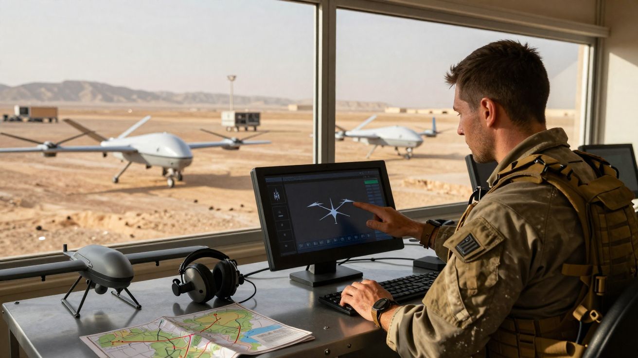 Militaire surveillant des drones militaires depuis une base désertique avec cartes et casque audio sur le bureau.