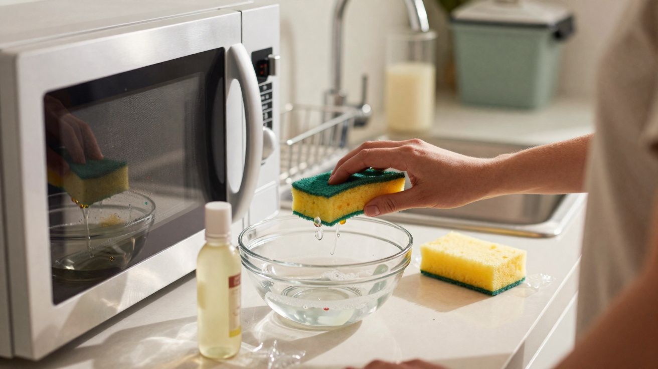 Main tenant une éponge humide au-dessus d’un bol en verre près d’un micro-ondes et d’un flacon sur un plan de travail.