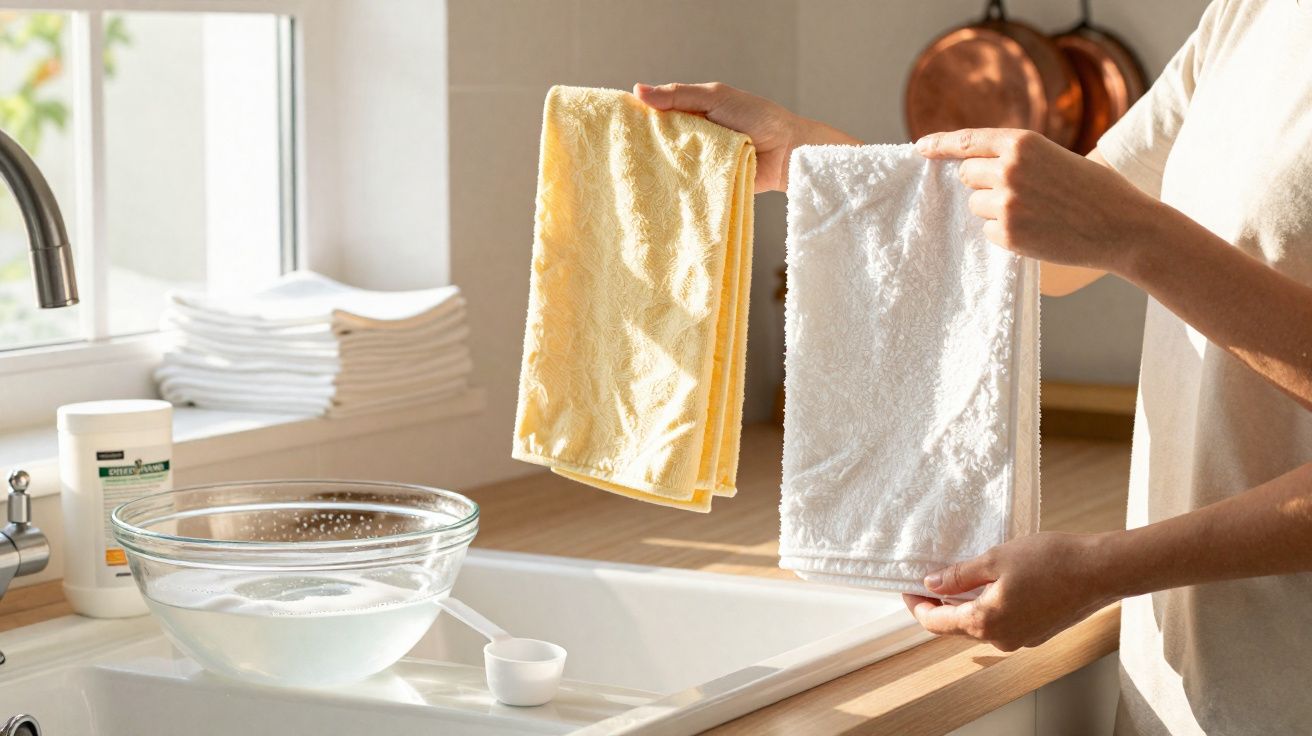 Deux serviettes, une jaune et une blanche, tenues au-dessus d'un évier avec un bol d'eau savonneuse.