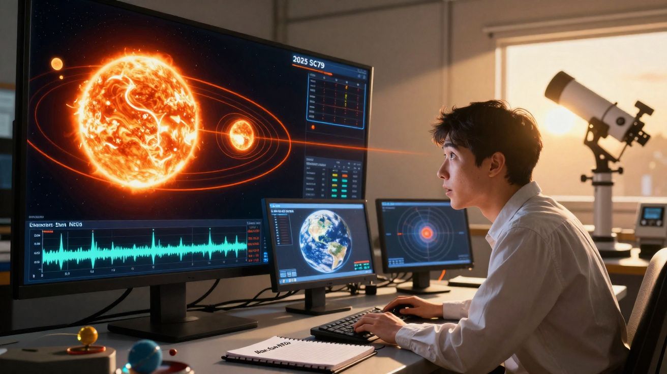 Jeune homme observant des données astronomiques sur plusieurs écrans avec un télescope en arrière-plan.