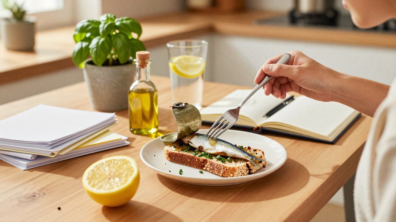 Personne mangeant une sardine en conserve sur une tranche de pain, avec citron, huile et carnet sur la table.