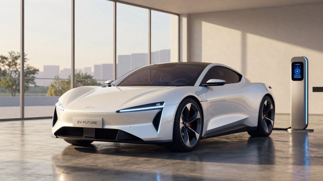 Voiture électrique sportive blanche en charge dans un garage lumineux avec de grandes fenêtres et vue urbaine.