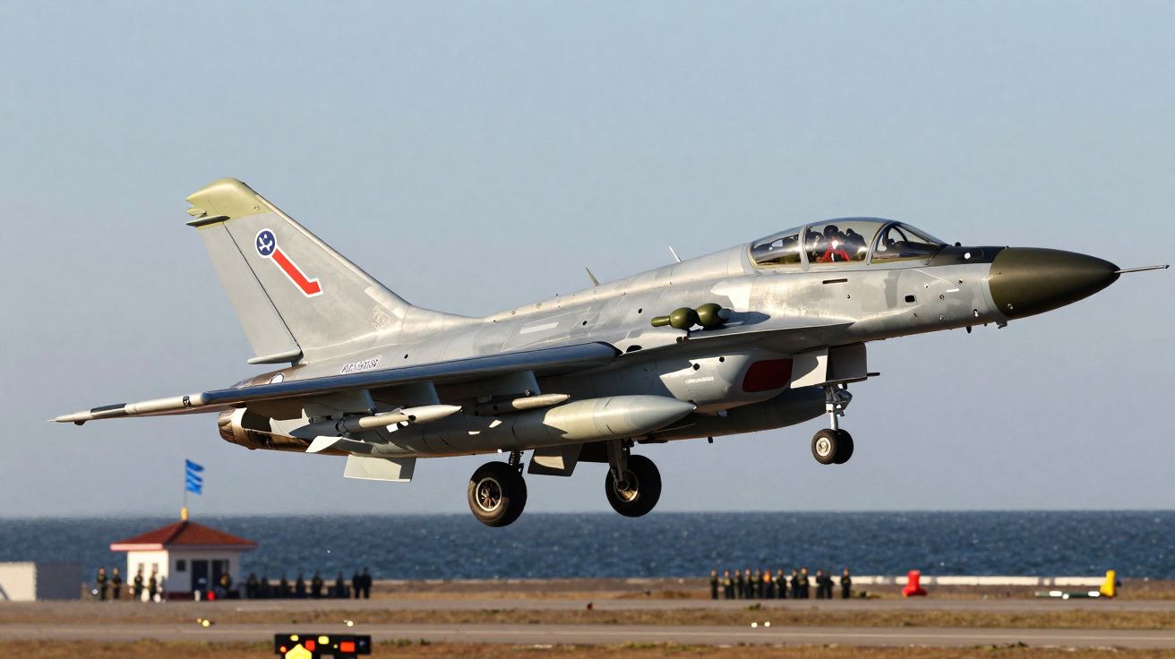 Avion de chasse militaire gris en phase d'atterrissage au-dessus d'une piste proche de la mer.