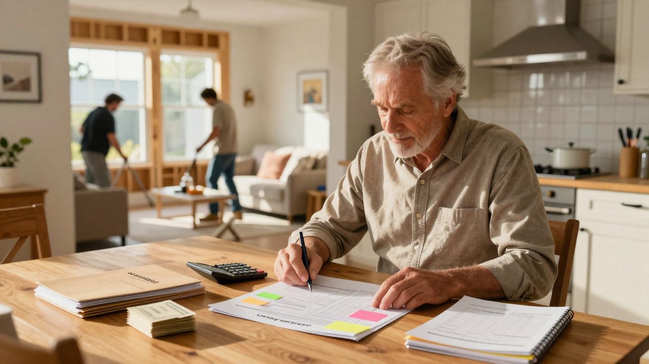 Homme âgé travaillant sur des papiers à une table en bois, deux hommes passant l'aspirateur dans le salon en arrière-plan.