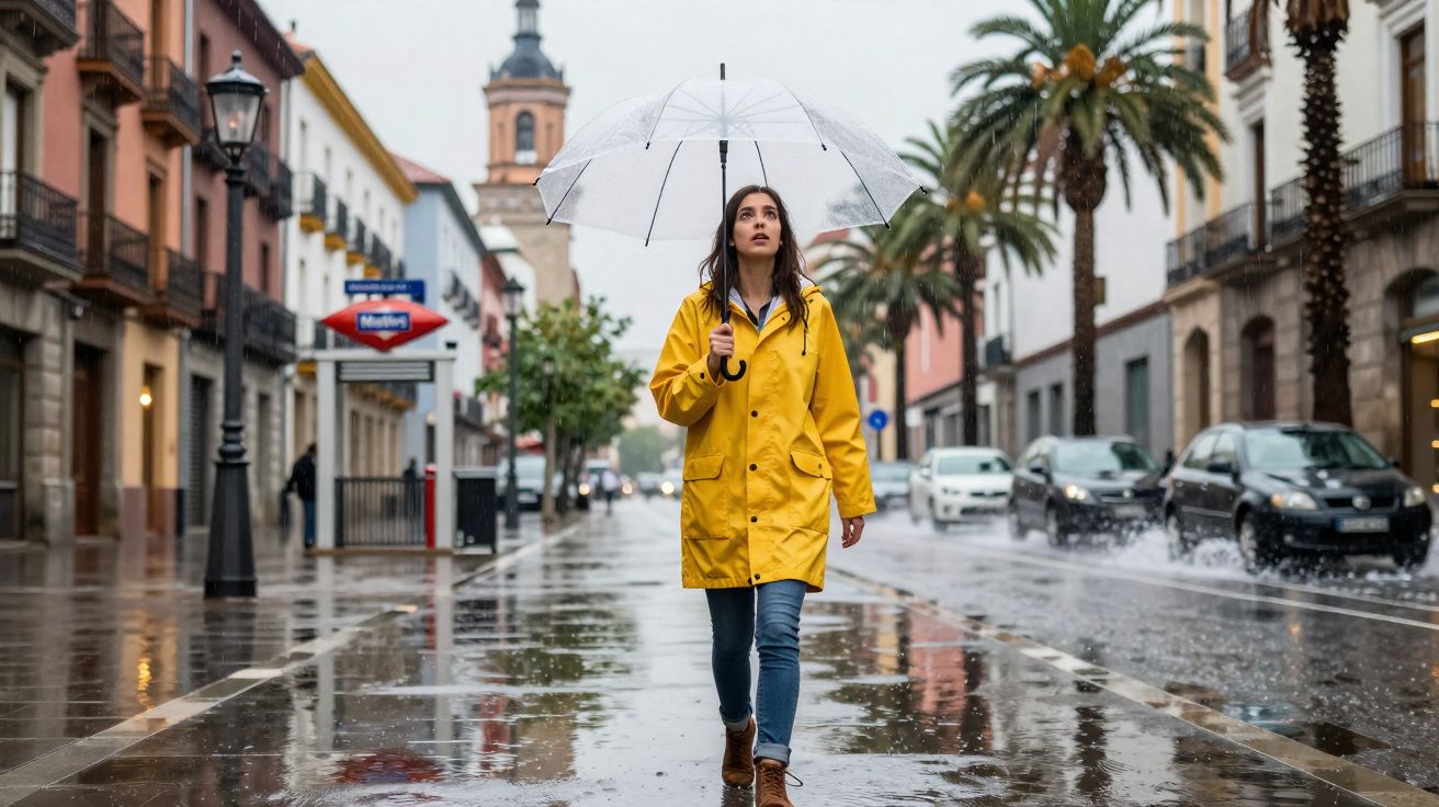 Femme en imperméable jaune marchant sous la pluie avec un parapluie transparent dans une rue urbaine mouillée.
