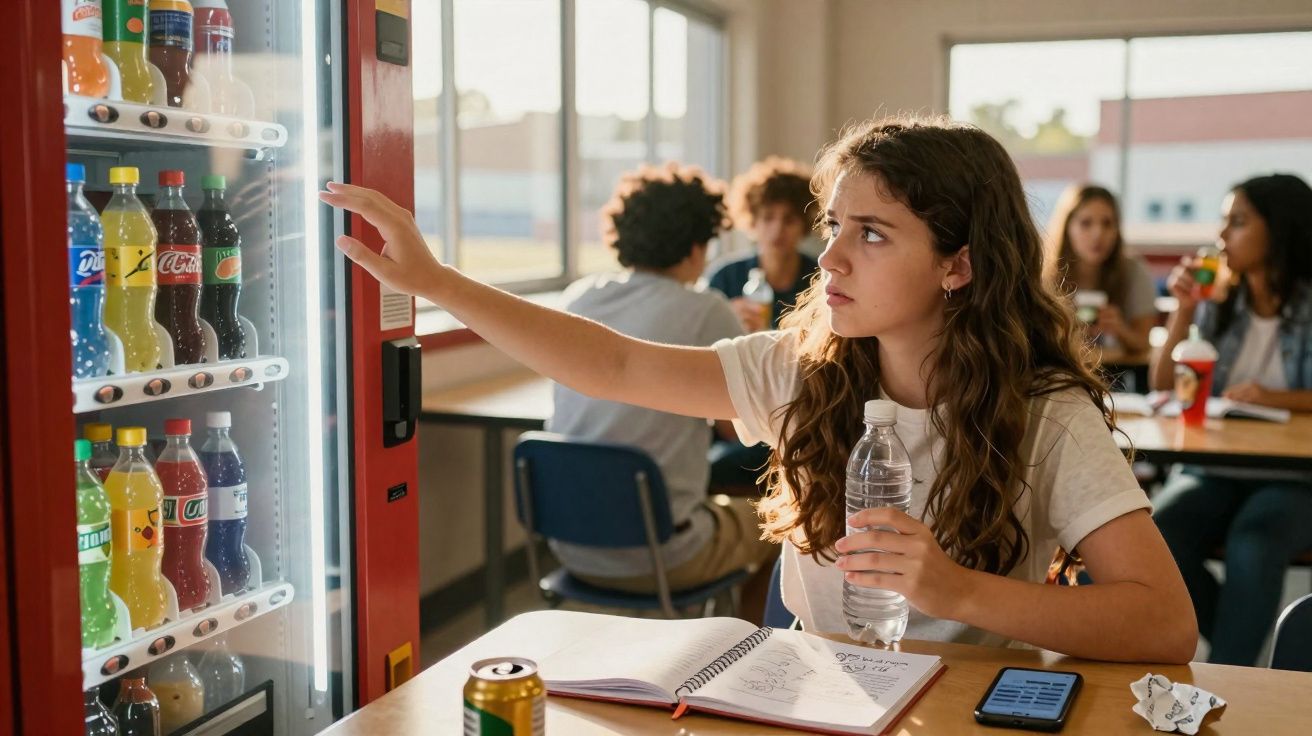 Jeune fille choisissant une boisson dans un distributeur automatique en classe avec d’autres étudiants en arrière-plan.
