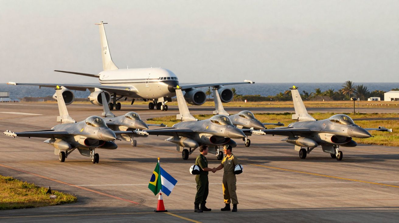Quatre avions de chasse alignés sur un tarmac, un gros avion blanc et deux pilotes se serrant la main.