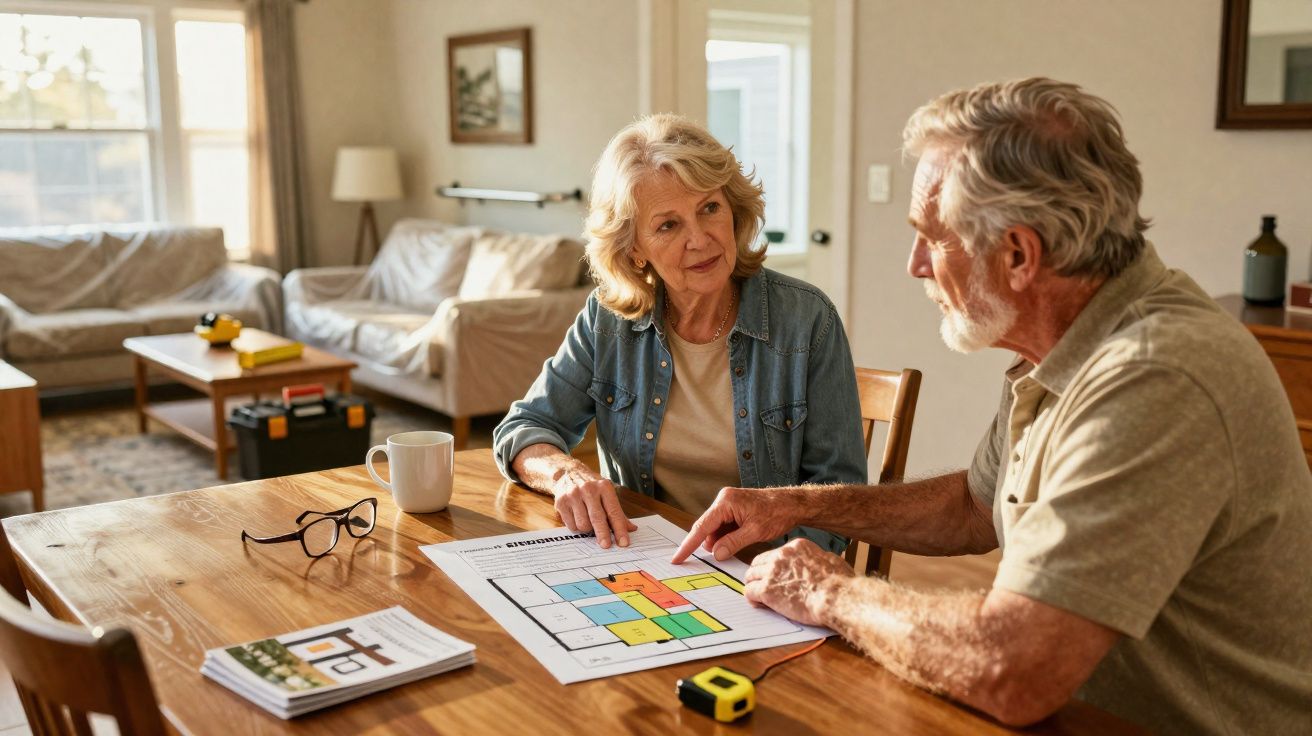 Un couple de seniors examine un plan de maison coloré à une table en bois dans un salon lumineux.