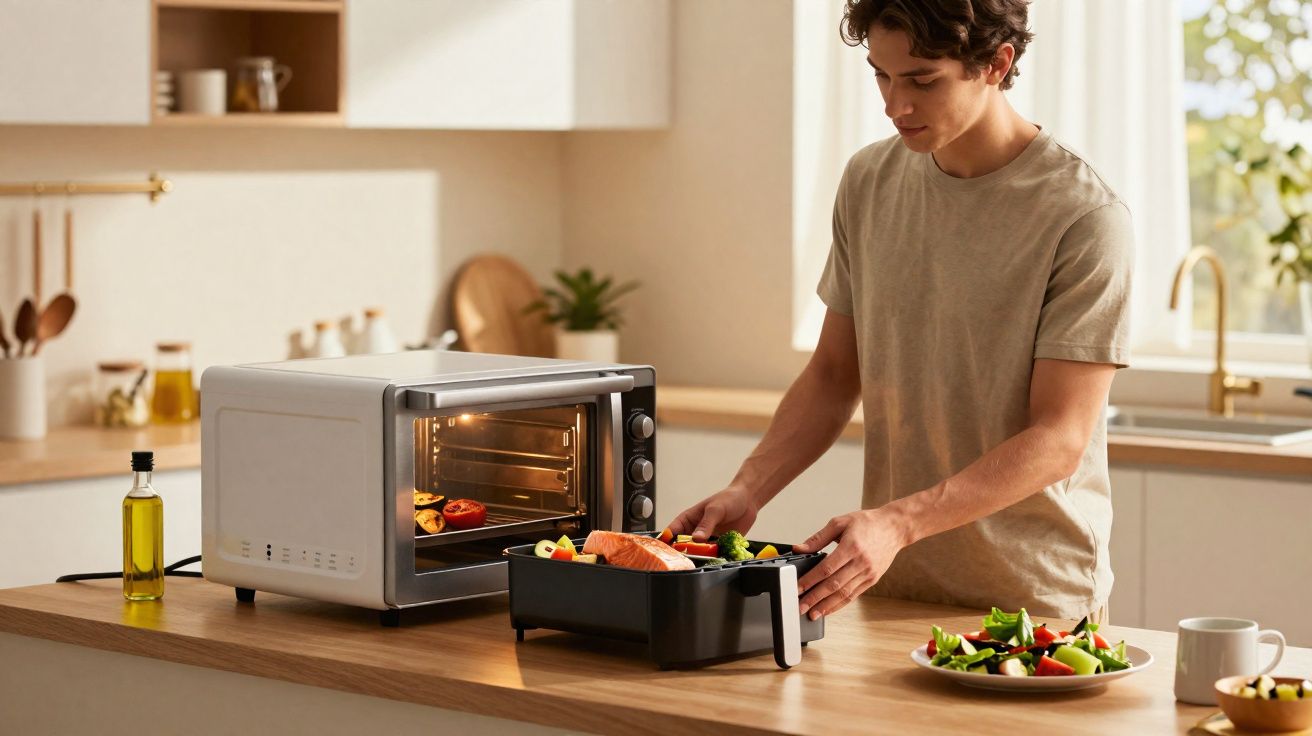 Jeune homme préparant un plat de saumon et légumes avec un four à convection dans une cuisine moderne lumineuse.