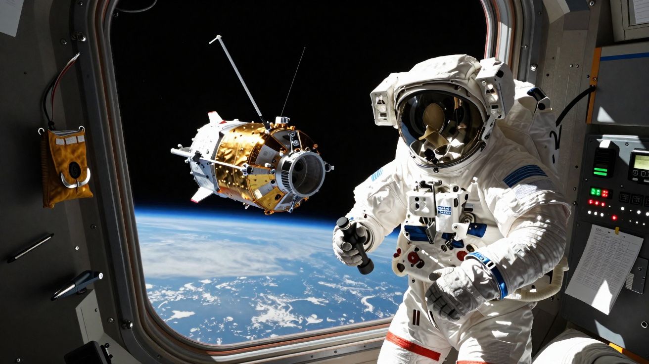 Astonaute en combinaison spatiale flottant près d'une fenêtre avec vue sur une planète et un satellite en orbite.