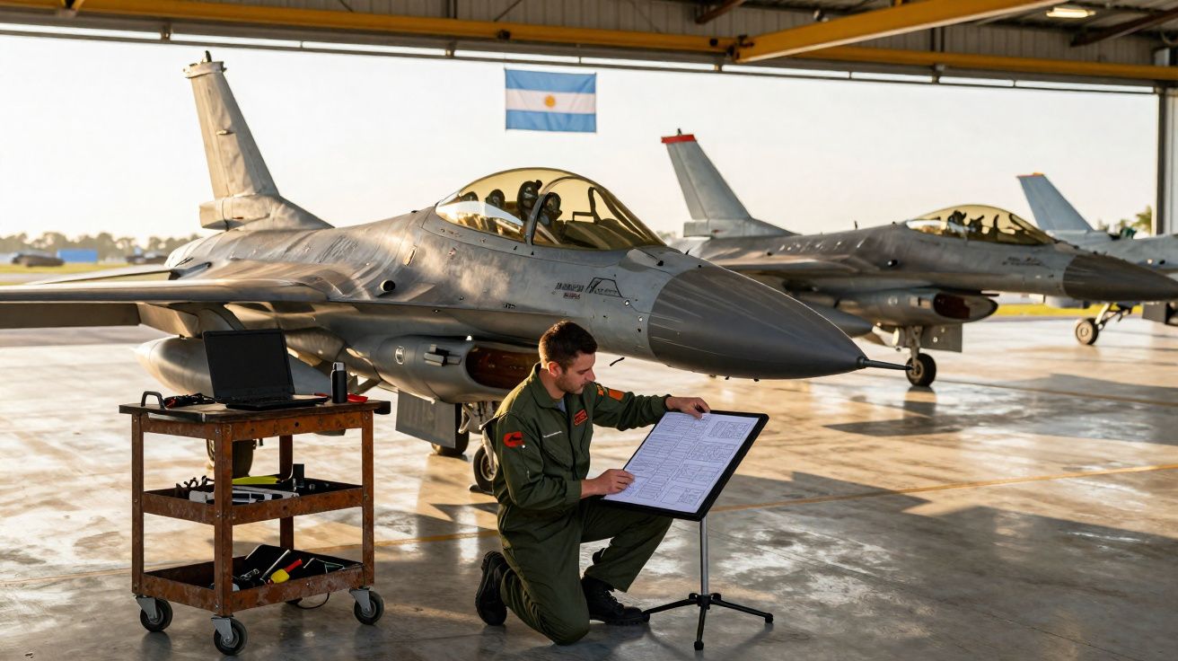 Militaire en tenue vérifiant des documents près de deux avions de chasse F-16 dans un hangar avec drapeau argentin.