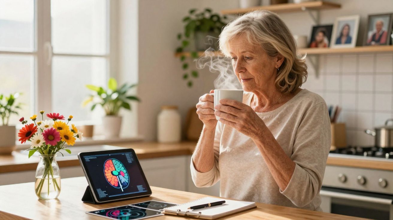 Femme âgée buvant une boisson chaude en regardant une tablette affichant une image médicale dans la cuisine.